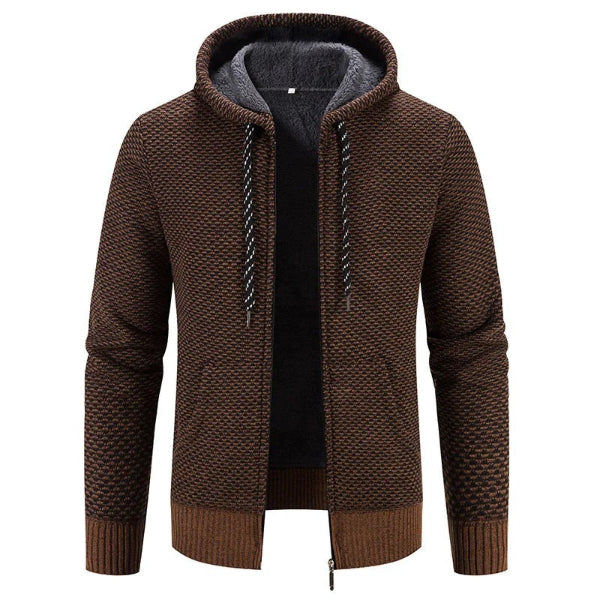 Men's hooded zip cardigan relaxed fit knit texture soft interior cozy everyday layer
