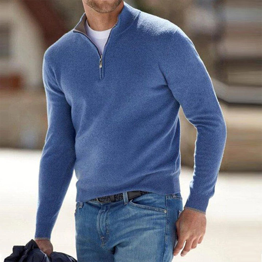 Men's slim fit zip-up sweater high collar breathable cotton blend modern casual style