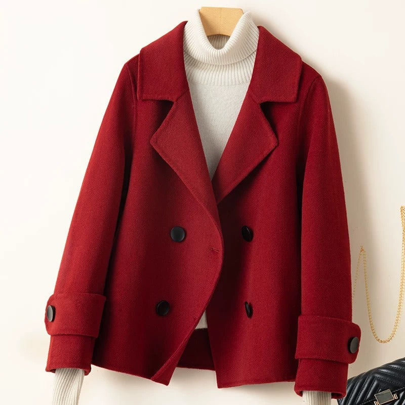 Women's wool blend short coat tailored fit double breasted notched lapel polished professional style