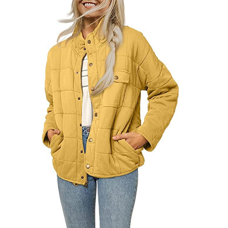Women's mid-length quilted jacket loose fit stand collar button front casual outerwear