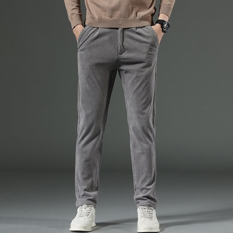 Black slim straight leg corduroy pants flat front full length contemporary men's fit