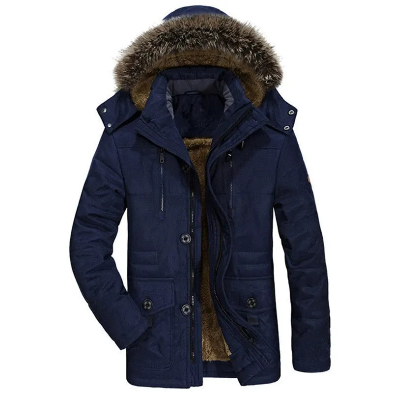 Men's mid-length parka jacket regular fit plush lining detachable faux fur hood winter coat