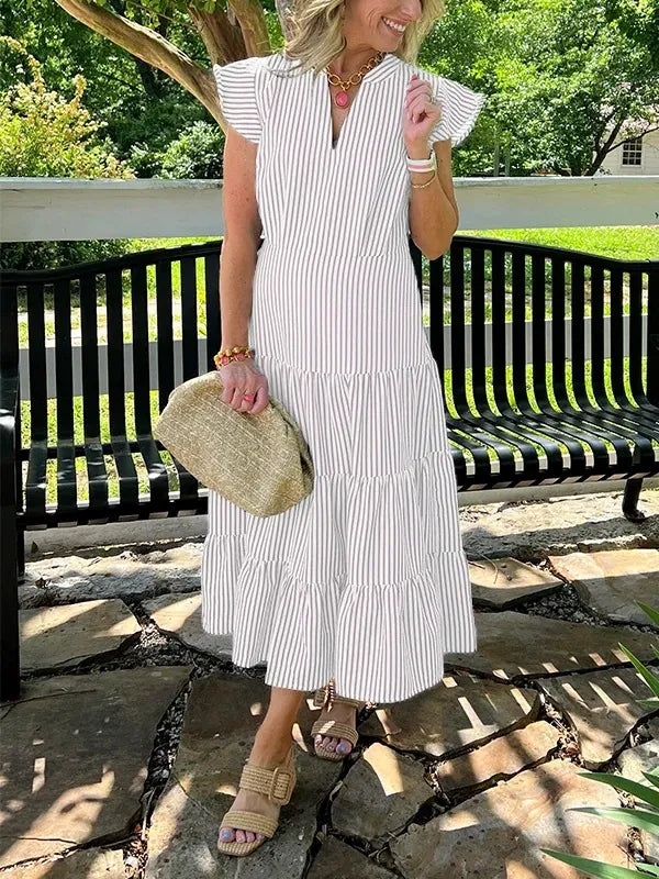 Women's loose fit midi dress with V-neck, striped flutter sleeves, effortless chic warm-weather style