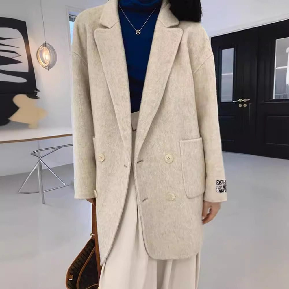 Women's oversized wool coat double-breasted turn-down collar mid-thigh length chic winter outerwear