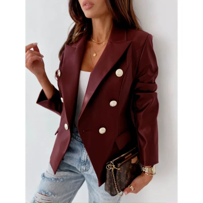 Women's black faux leather double-breasted blazer tailored fit with puff shoulders