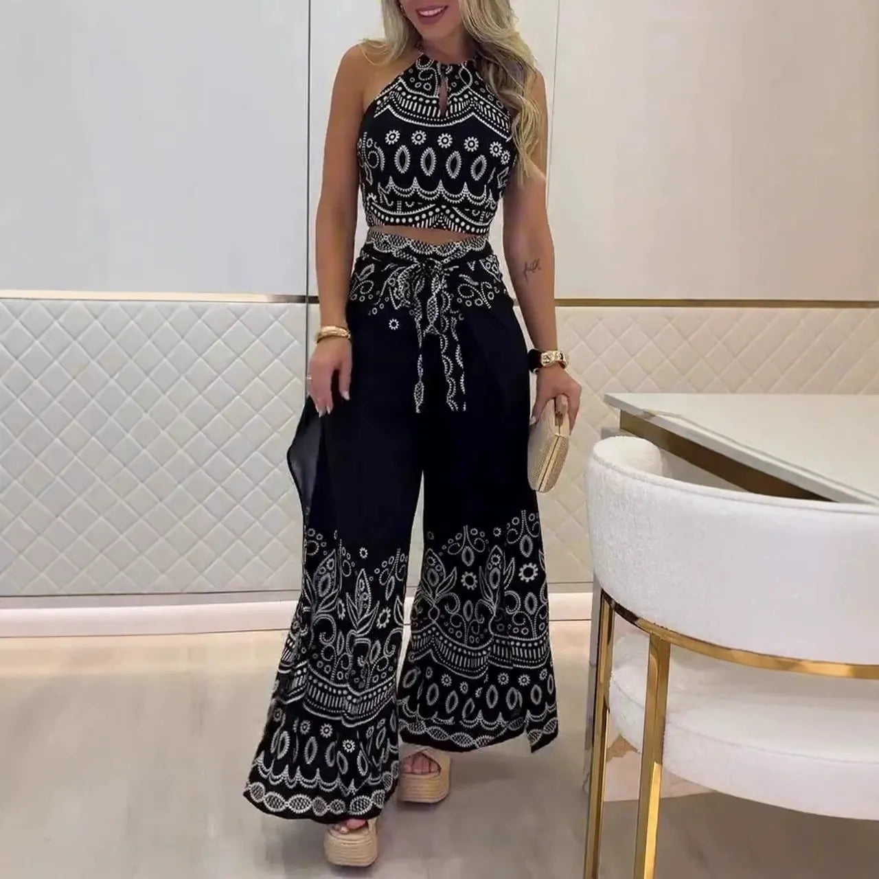 Women's retro print halterneck crop top wide-leg pants set high waist festival two-piece
