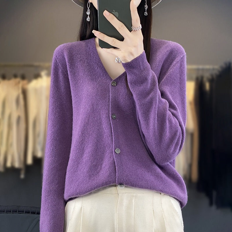 Women's wool knit V-neck cardigan relaxed fit button front in neutral tone layering essential