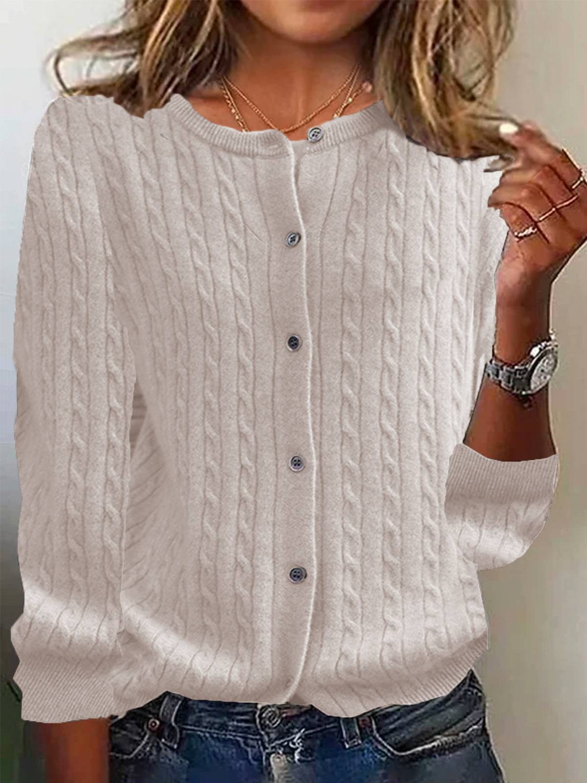 Women's wool knit cable pattern cardigan sweater relaxed fit with front buttons cozy everyday layer