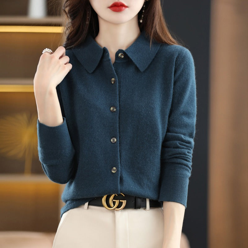 Camel wool blend women's cardigan sweater relaxed fit polo collar button-down professional style
