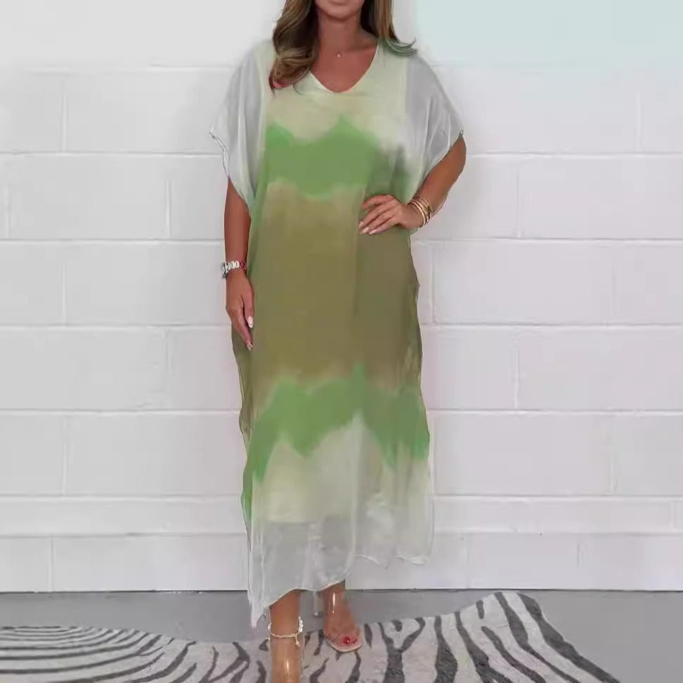 Women's ombre maxi dress V-neck short sleeves airy fit summer chic floor-length silhouette