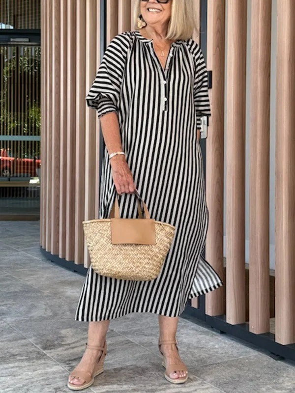 Women's lightweight striped cotton midi dress V-neck loose fit breathable summer casual comfort