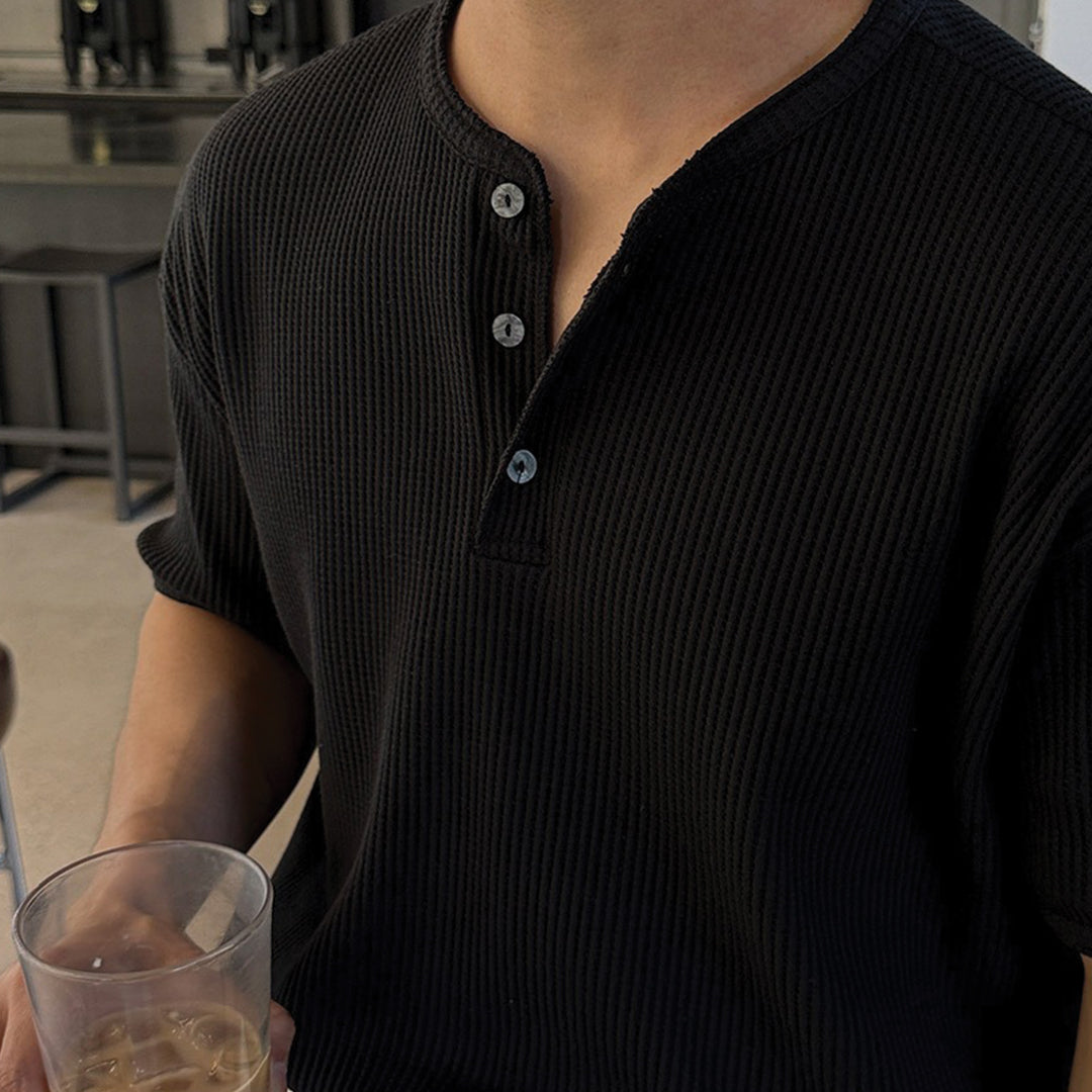Men's ribbed cotton Henley shirt in neutral tone, regular fit with 3-button placket