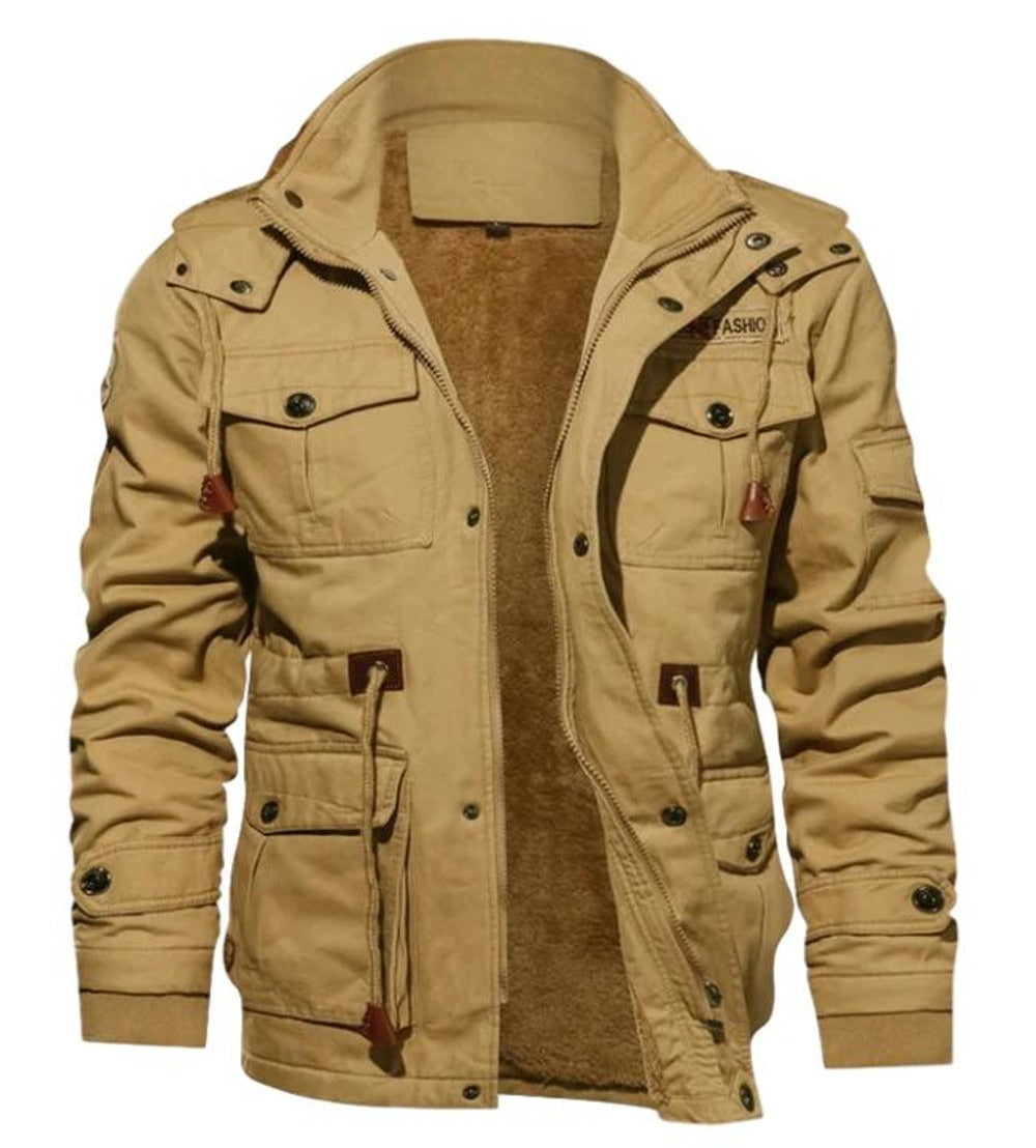 Men's regular-fit coat with fleece lining, high collar, zipper-button closure, and multiple pockets