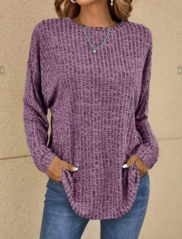Women's relaxed-fit ribbed knit long sleeve top, hip-length versatile layering essential