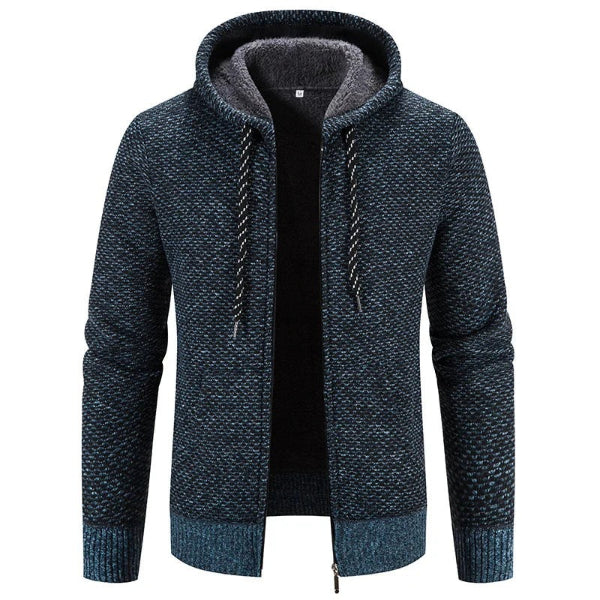 Men's gray hooded cardigan relaxed fit knit texture full-zip soft interior modern style