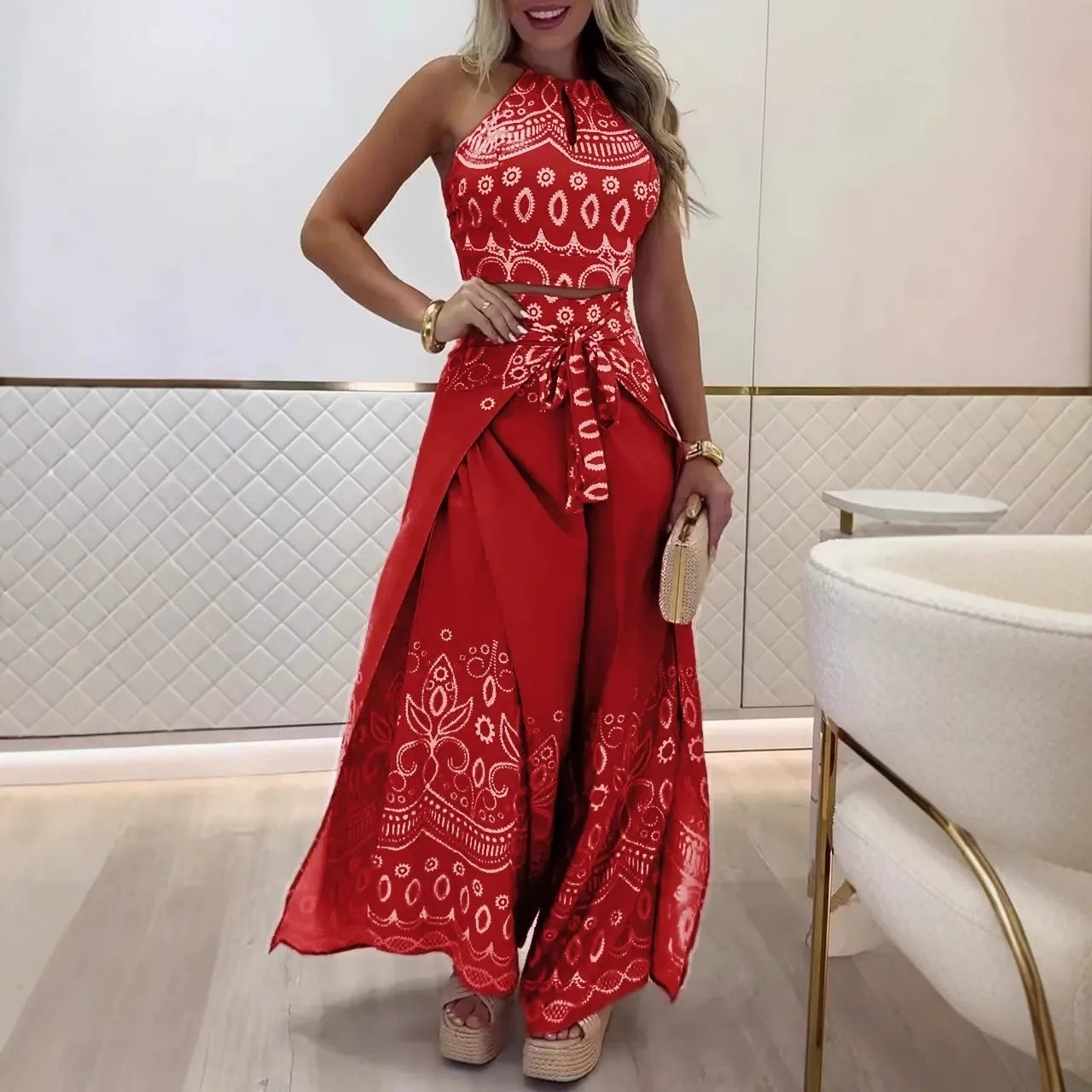 Women's retro print halterneck crop top wide-leg pants festival set with high-waist tie string