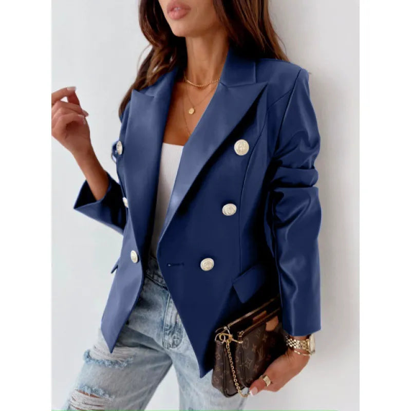 Women's black faux leather double-breasted blazer tailored fit with statement puff shoulders