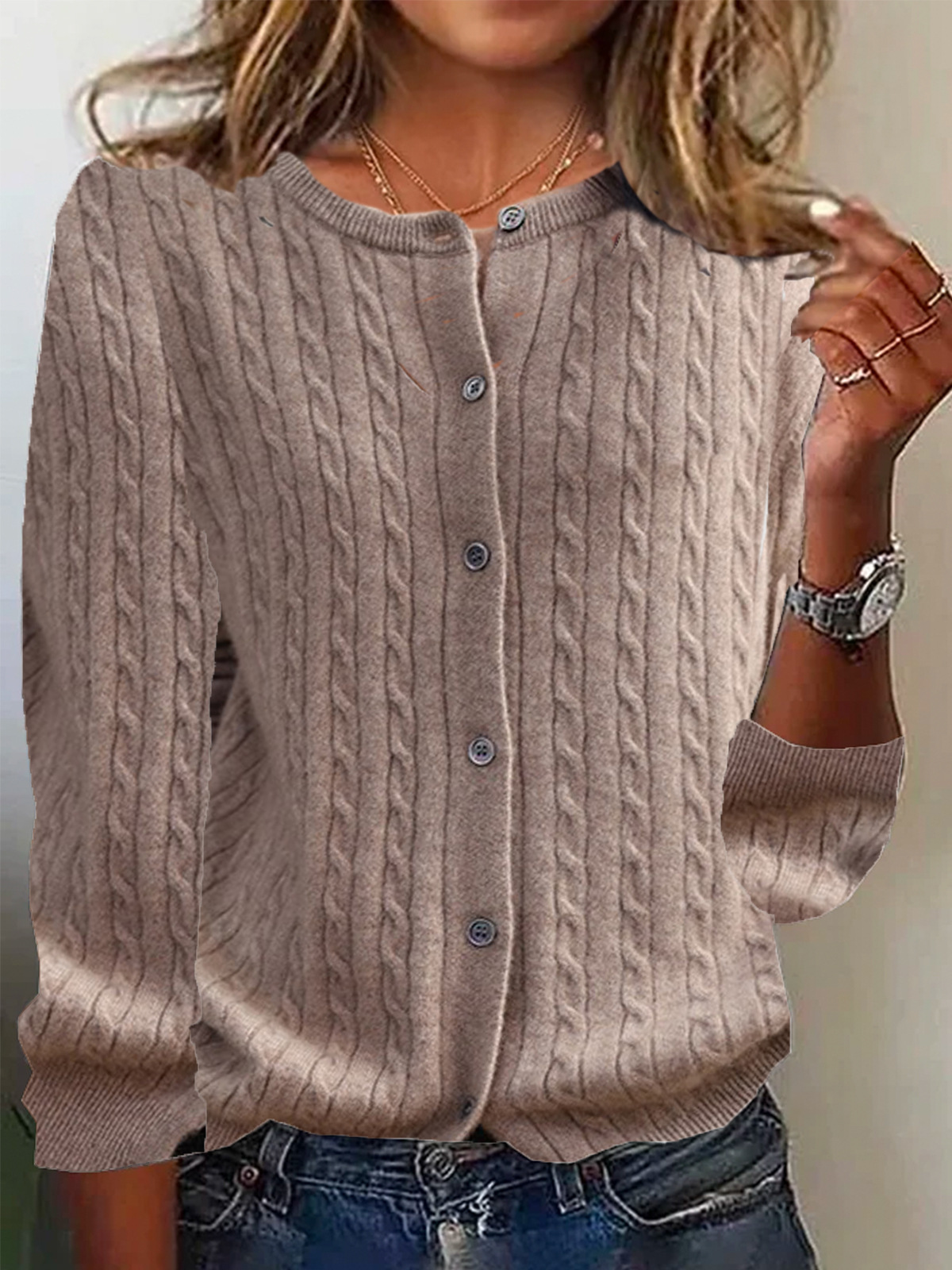 Women's wool knit cable pattern cardigan sweater relaxed fit with front buttons cozy everyday layer