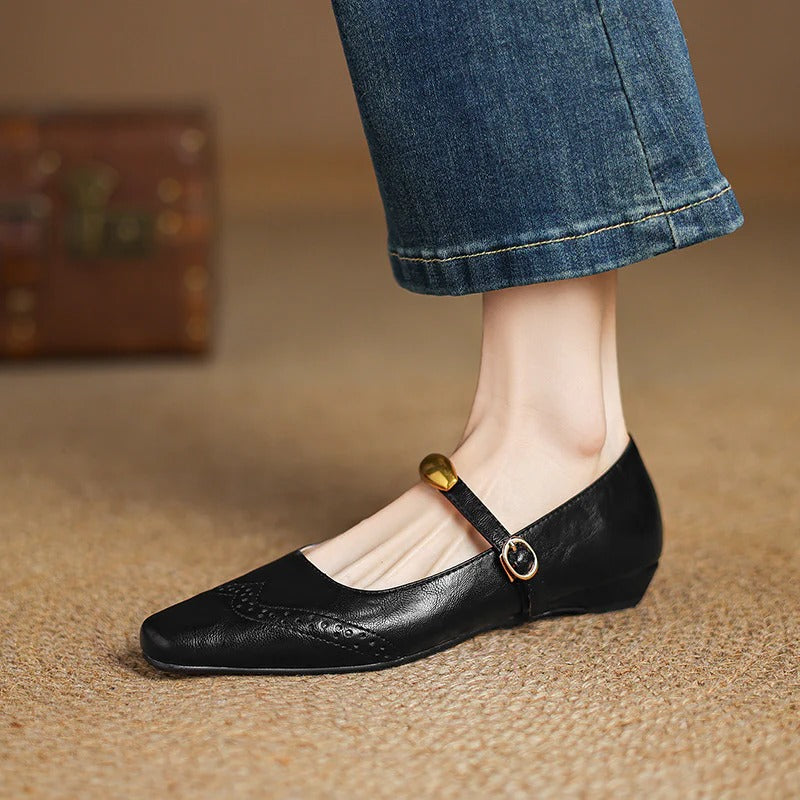 Women burgundy genuine leather wedges gold accent buckle Parisian style comfortable all-day footwear