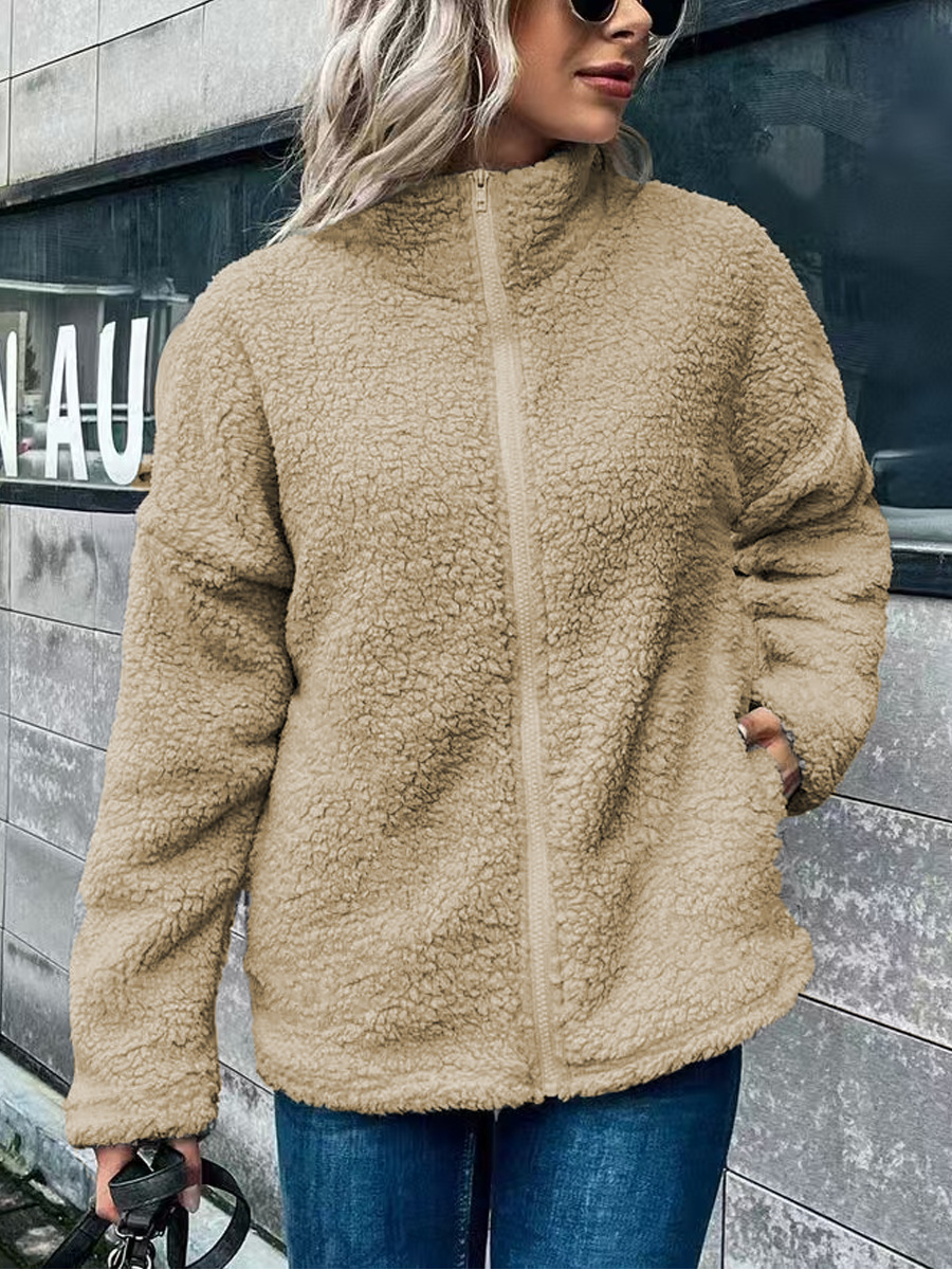 Women's oversized wool blend fleece coat stand collar zip long sleeve warm layering outerwear