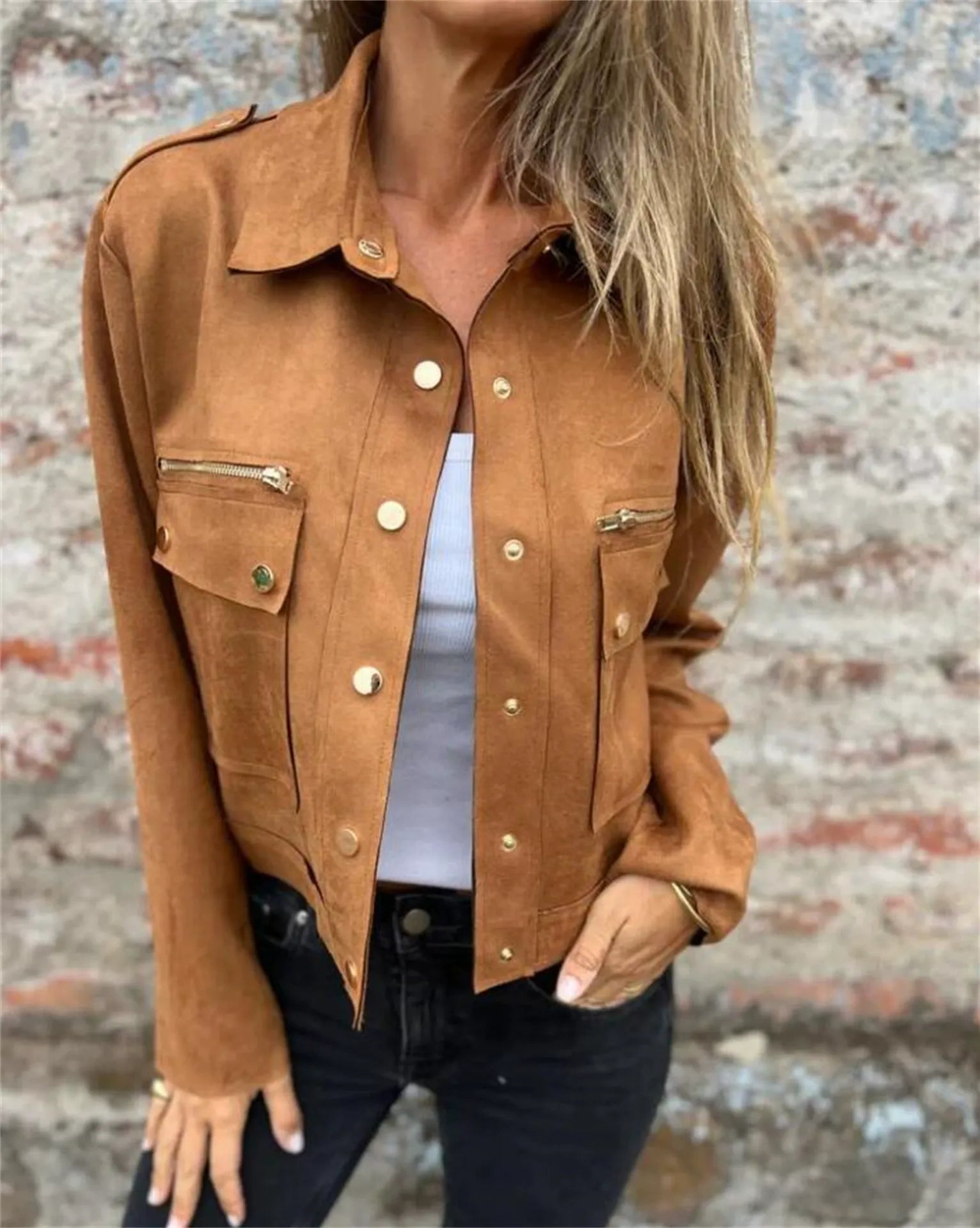 Women's tailored suede-look jacket with zipper pockets and long sleeves for modern chic style