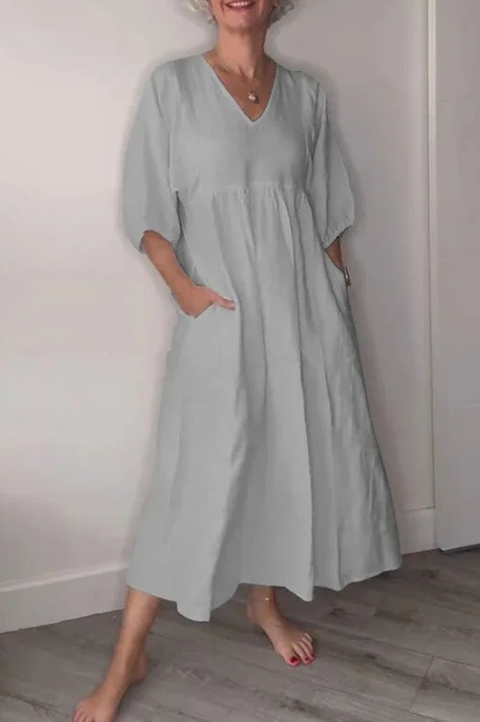 Women's relaxed midi dress cotton linen blend deep V-neck cuffed sleeves with pockets everyday casual