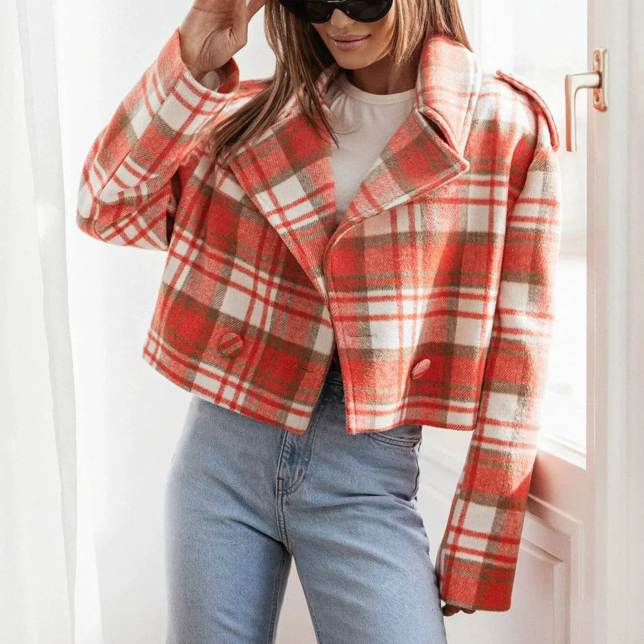 Women's cropped tailored wool checkered blazer with classic lapel, professional slim fit