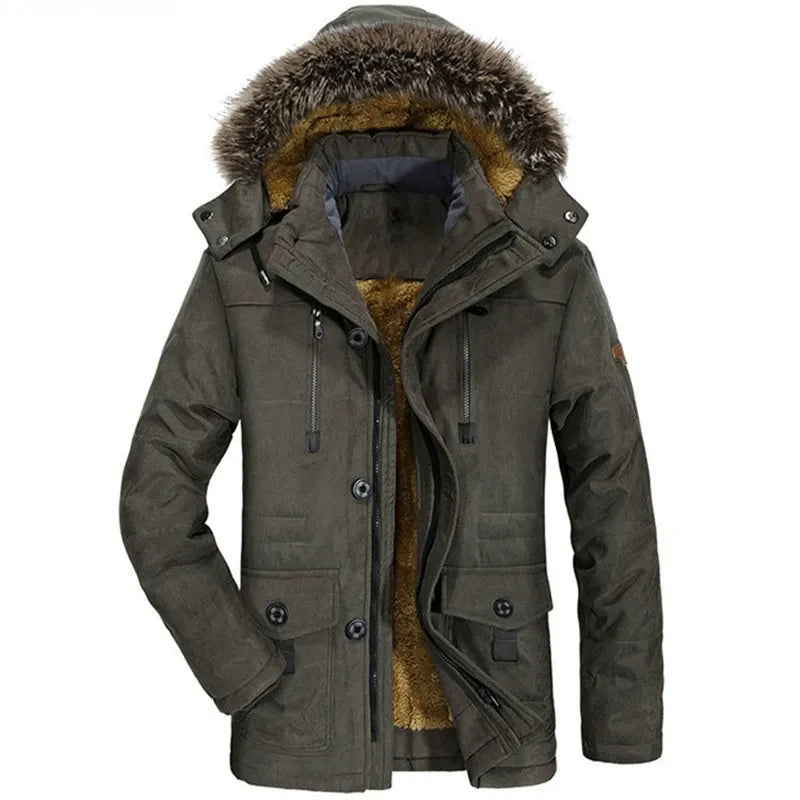 Men's mid-length parka jacket regular fit plush lining detachable faux fur hood winter coat