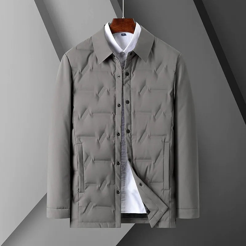 Men's slim fit quilted down jacket shirt collar button closure lightweight warmth stylish silhouette