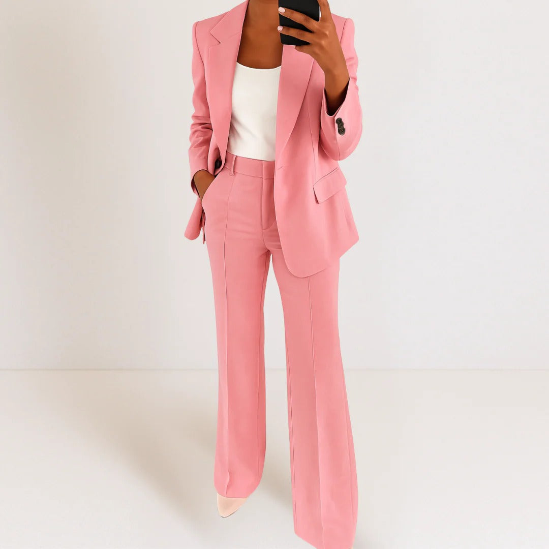 Women's navy blazer and pants set tailored silhouette breathable fabric professional two-piece suit