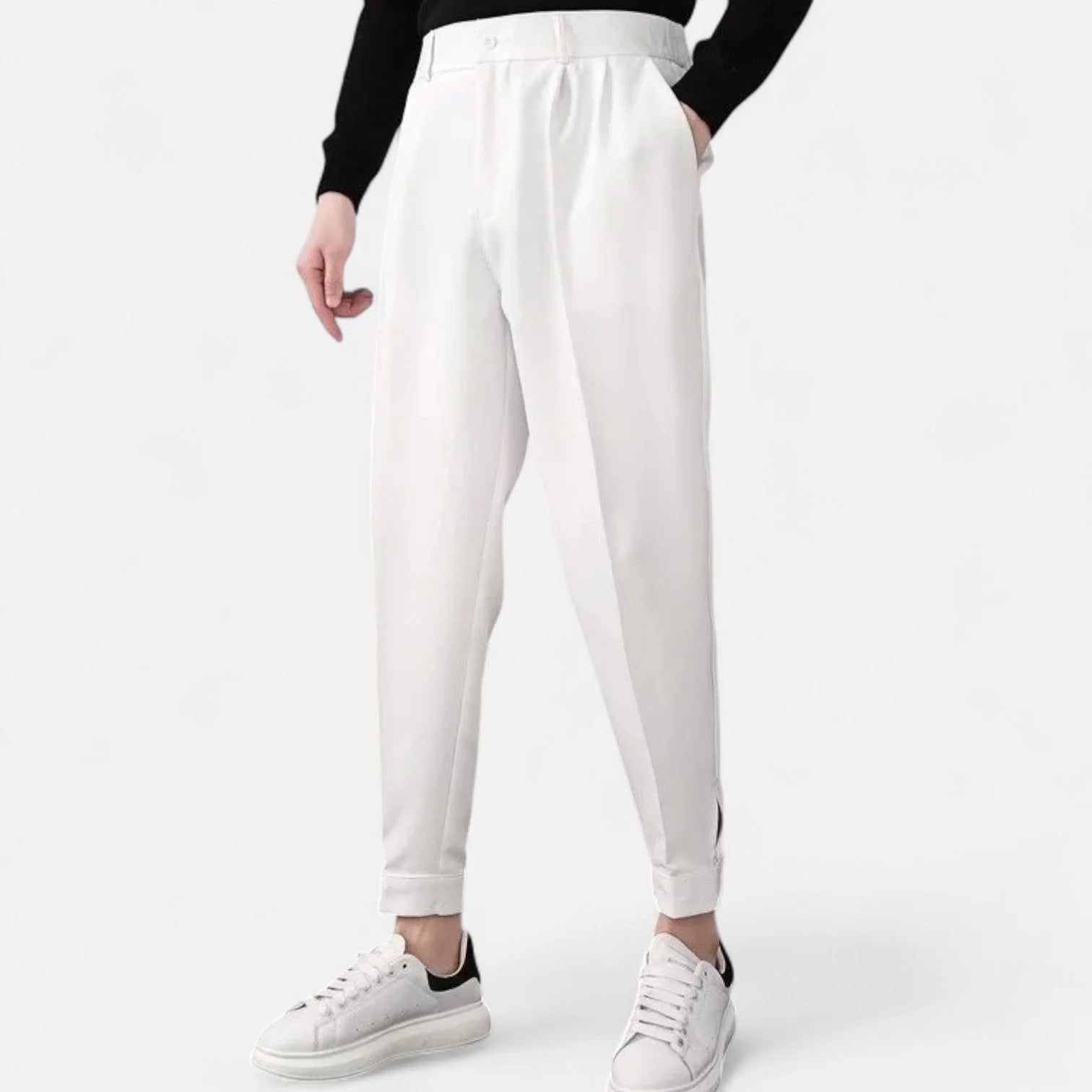 Beige men's tailored pleated trousers relaxed tapered fit with cuffed hem for office and weekend