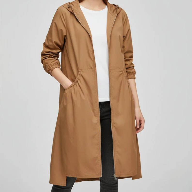Women's waterproof long jacket mid-knee silhouette sealed seams insulated for rain and snow commutes