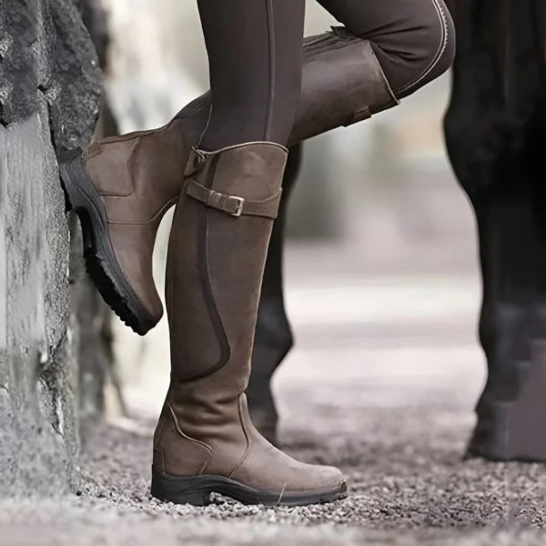 Women's brown leather equestrian riding boots with side zipper, waterproof and molded leg fit