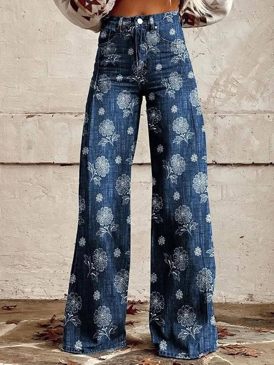 Women's high-waisted floral bell bottom pants vintage-inspired wide leg silhouette bold print