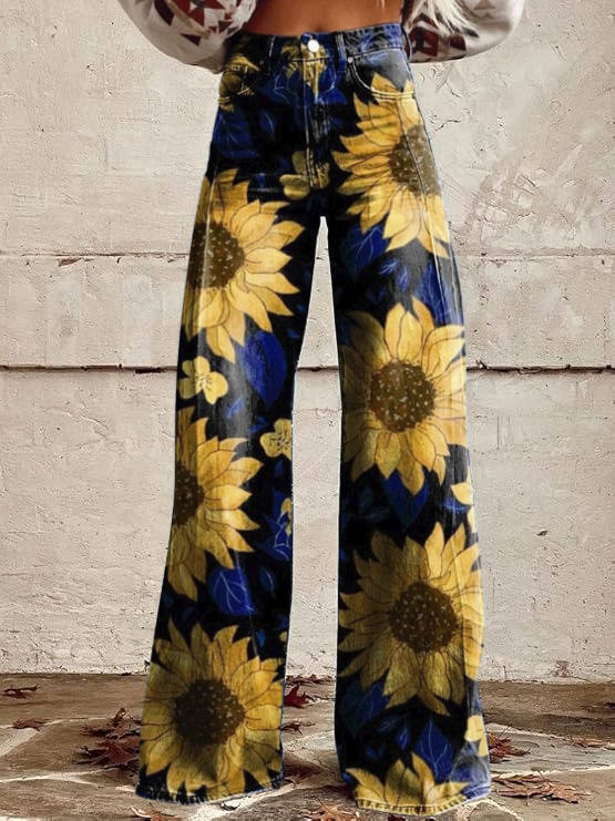 Women's high-waisted floral bell bottom pants vintage-inspired wide leg silhouette bold print