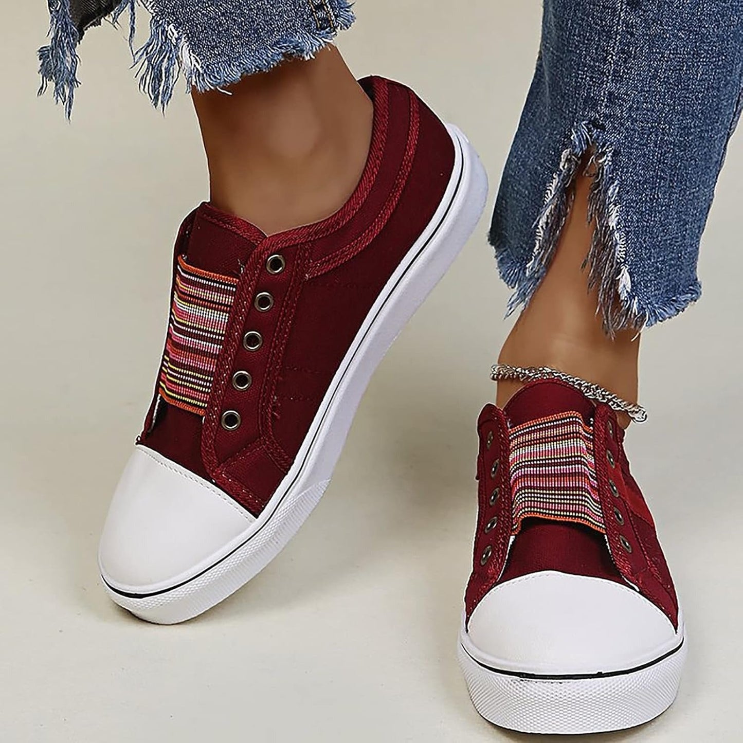 Women's laceless denim high-top slip-on sneakers with elastic band for effortless quick-entry comfort