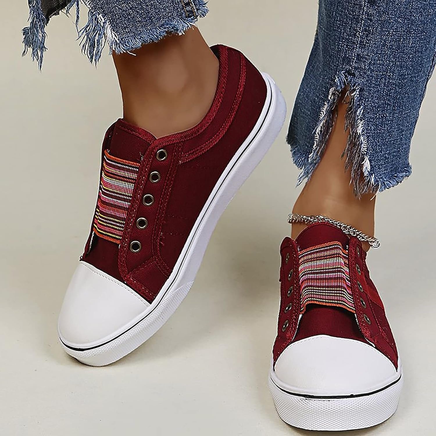 Women's laceless denim high-top slip-on sneakers with elastic band for effortless quick-entry comfort