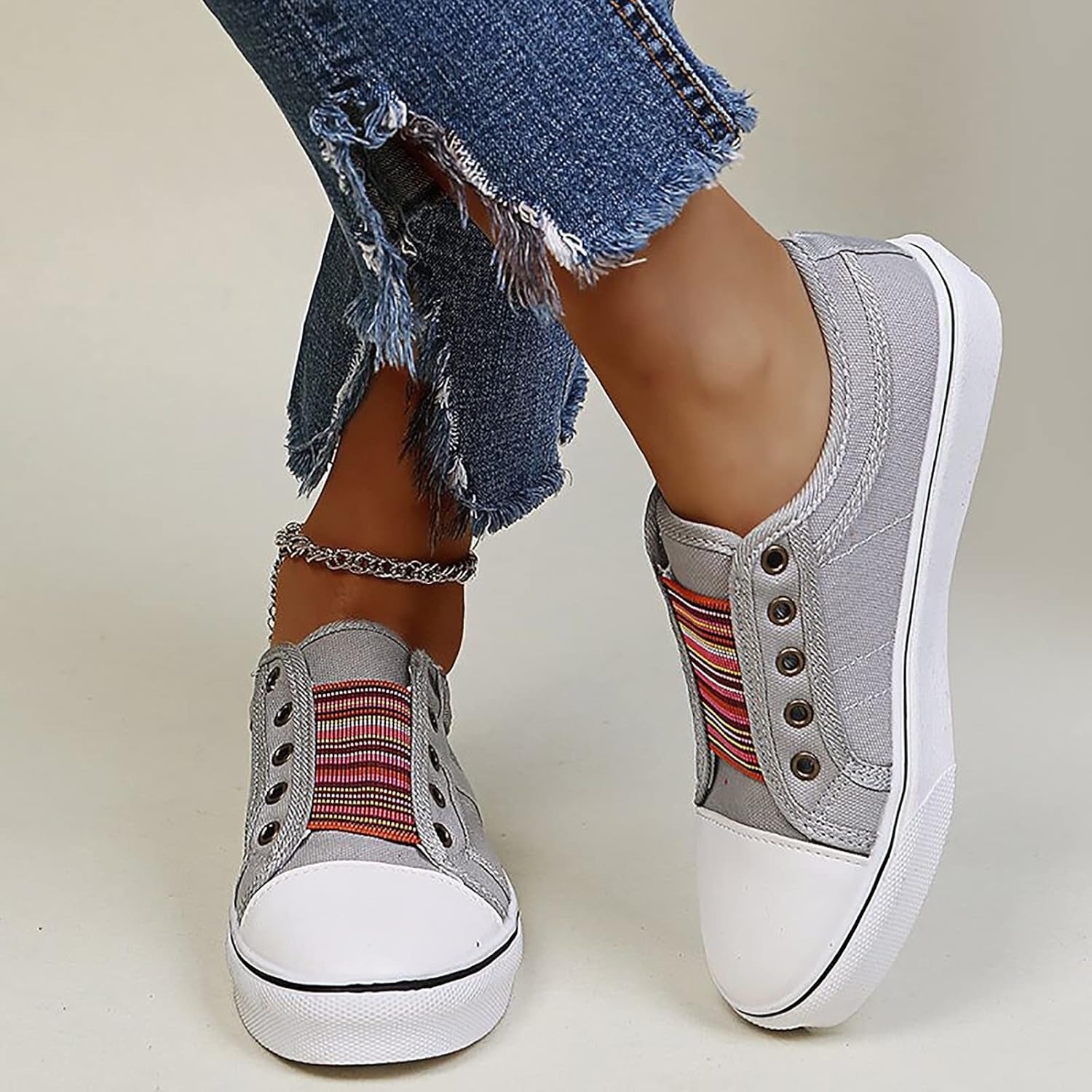 Women's laceless denim slip-on high-top sneakers with elastic entry band for effortless comfort