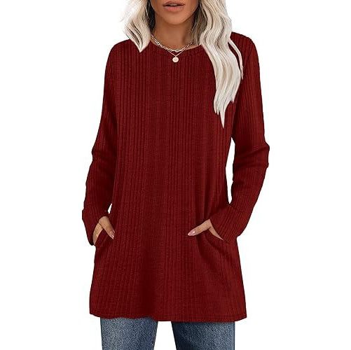 Women's hip-length tunic sweater with side pockets, soft stretch knit, flattering everyday comfort fit