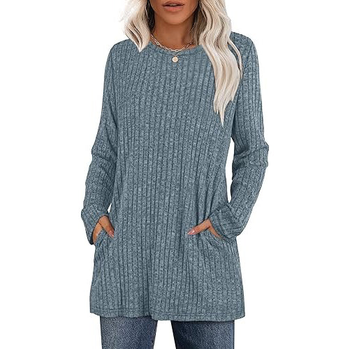 Women's hip-length tunic sweater with side pockets, soft stretch fabric, relaxed cozy fit for daily wear