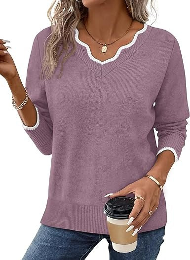 Women's cozy fuzzy knit V-neck pullover sweater in casual fall style with long sleeves
