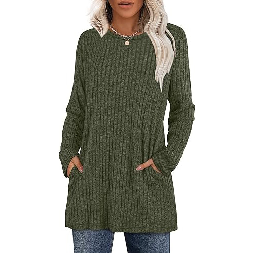 Women's hip-length tunic sweater with side pockets, soft stretch fabric, relaxed everyday fit