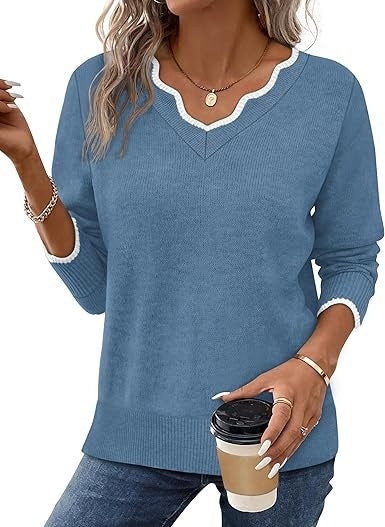 Women's cozy fuzzy knit V-neck pullover sweater in soft fall tones, long-sleeve casual everyday style