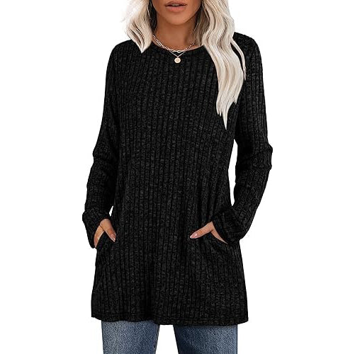 Women's hip-length tunic sweater with side pockets, soft stretch fabric, relaxed everyday fit