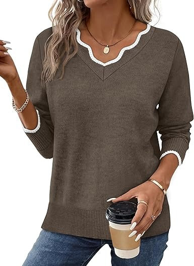 Women's cozy fuzzy knit V-neck pullover sweater in fall tones, long-sleeve casual everyday style