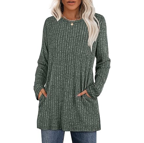 Women's hip-length tunic sweater with side pockets, soft stretch fabric, relaxed everyday style