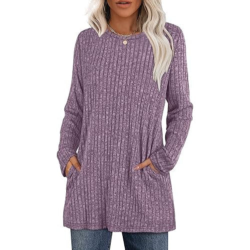 Women's hip-length tunic sweater with side pockets, soft stretch knit, relaxed everyday fit