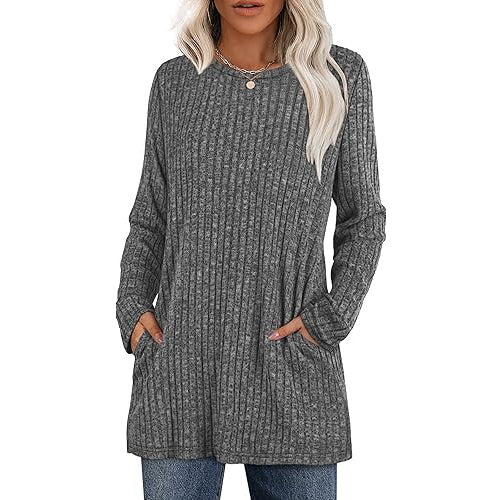 Women's hip-length tunic sweater with side pockets, soft stretch fabric, relaxed everyday fit