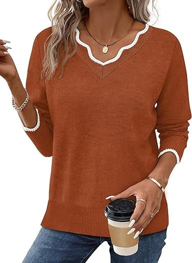 Women's cozy fuzzy knit V-neck pullover sweater in fall tones, long-sleeve casual everyday style