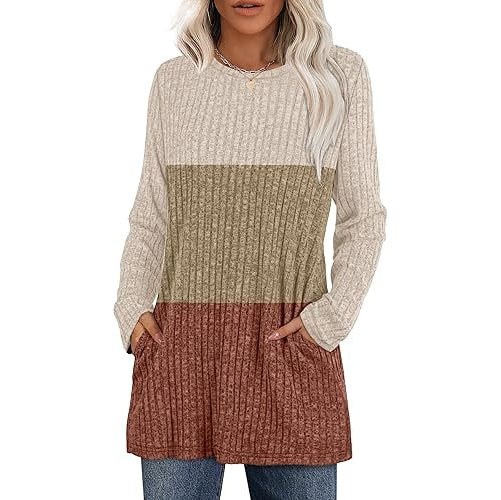 Women's hip-length tunic sweater with side pockets, soft stretch fabric, everyday comfort fit